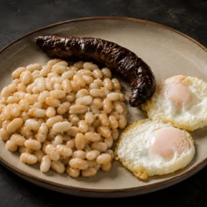 Butiffara negra con judias y dos huevos fritos